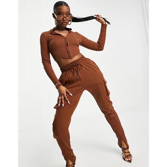 Simmi London Top Womens 6 Corset Tobacco Hook & Eye Cropped Long Sleeve Stretch - Picture 2 of 12